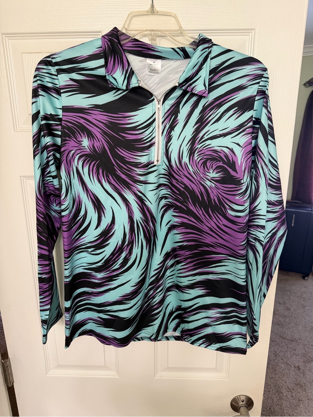 Long Sleeve Zip Polo Top in Aqua & Purple Swirl